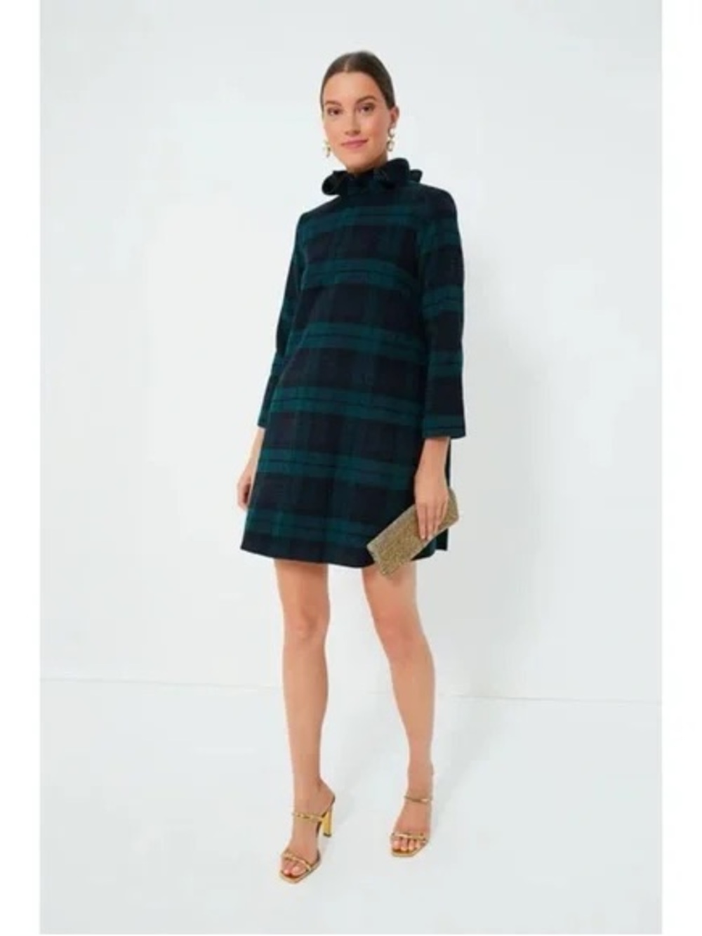 Tuckernuck Blackwatch Dress: Navy and Dark Green Plaid Ruffled-Neck Shift Dress